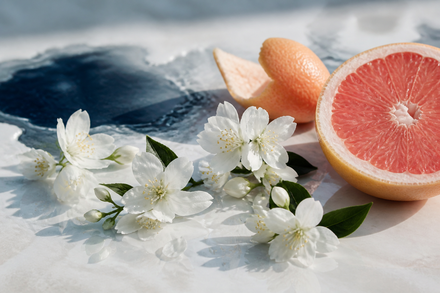 Jasmine blossoms and grapefruit on a pale marble surface