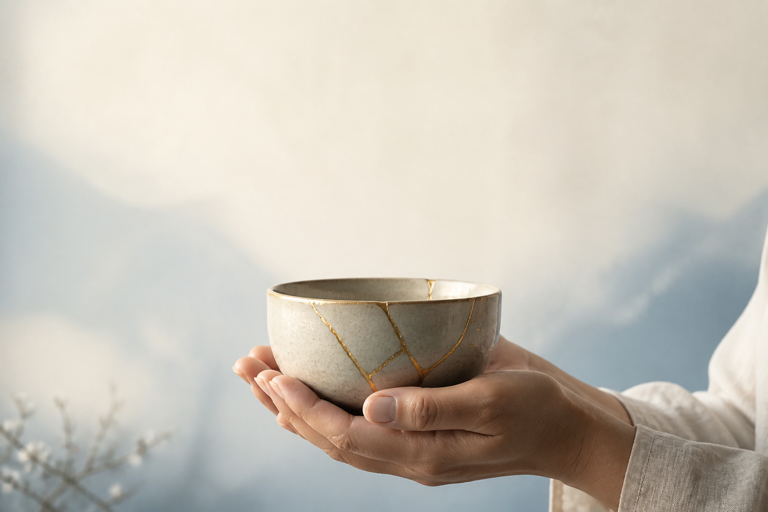 Hands offering a ceramic bowl mended with gold kintsugi seams